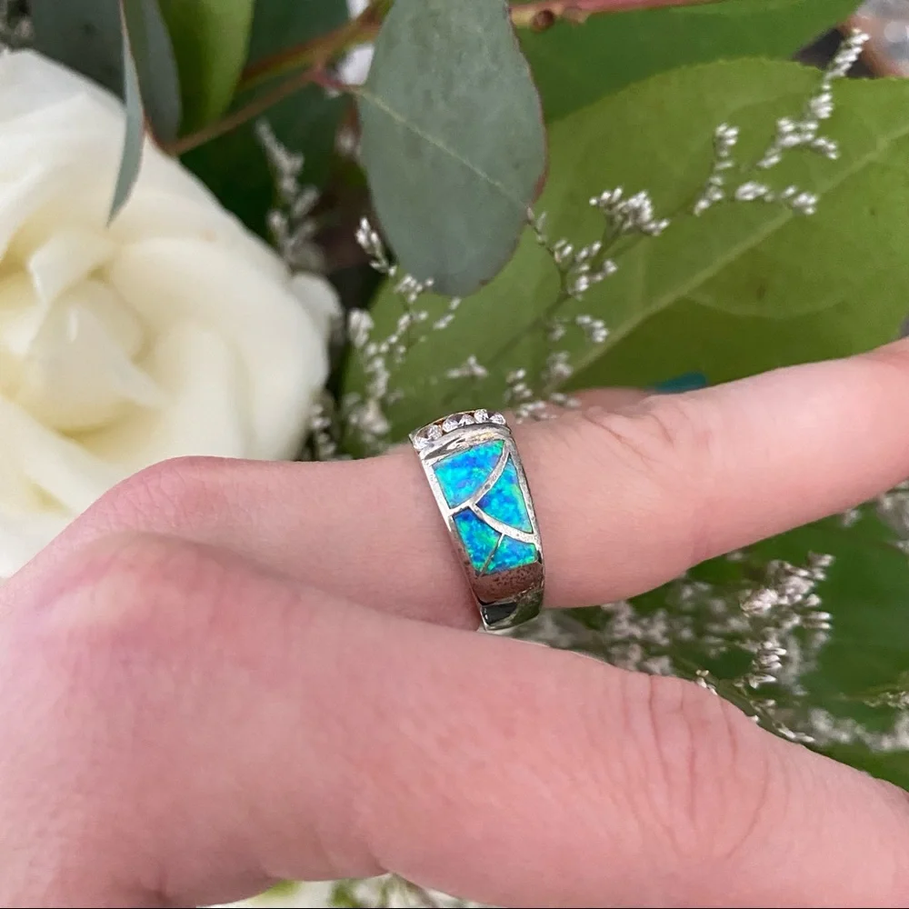 Vintage 925 Sterling Silver Blue Fire Opal Ring - Picture 3 of 12